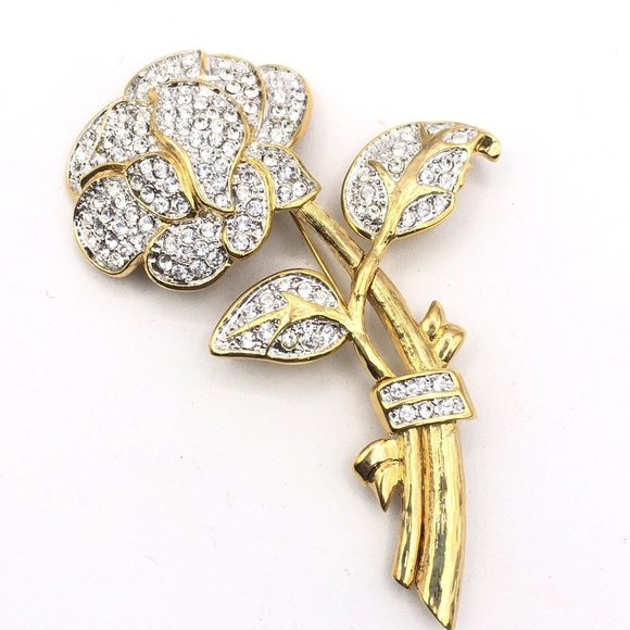 NOLAN MILLER Large Pave Rhinestone Rose Flower Gold Tone Pin Brooch 4" - Picture 1 of 10